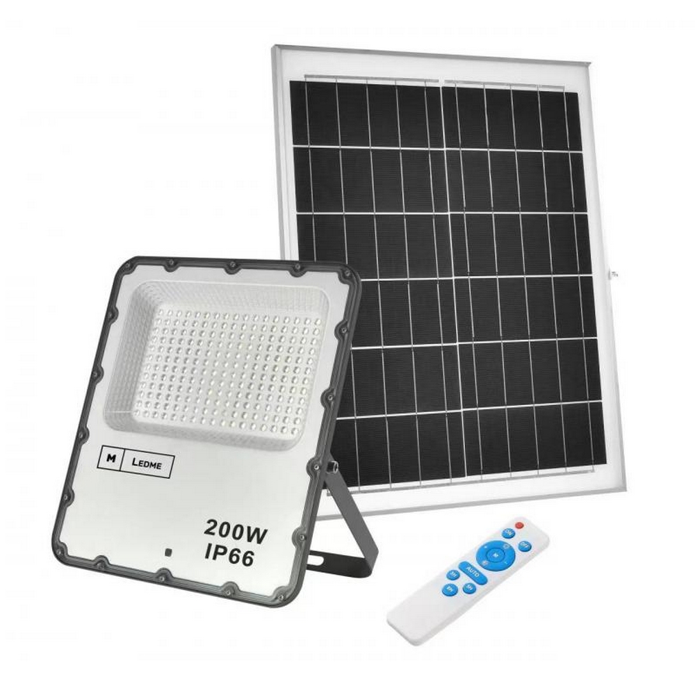 Faro Led 200W Grigio con pannello solare IP66 Bianco neutro 4500K  Dimmerabile con telecomando e con sensore crepuscolare e di movimento LEDme  